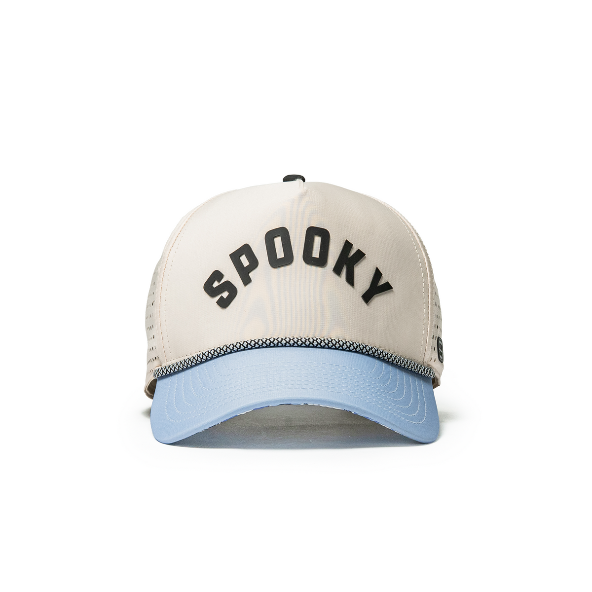 Alter Ego Coaster Splash Spooky Mist hat shown from the front, featuring a cream crown, light blue bill, black “SPOOKY” lettering, black and white rope detail, and laser-cut ventilation panels.