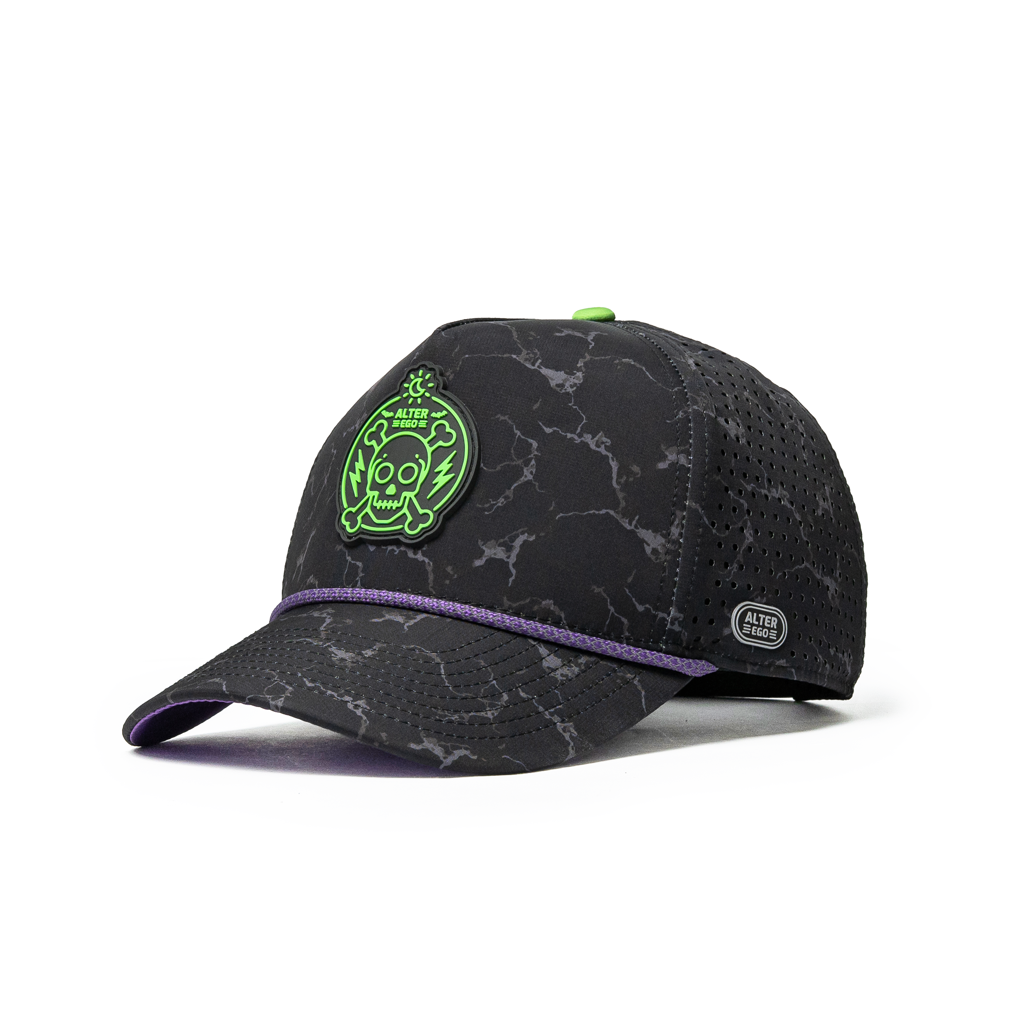 Alter Ego Coaster Splash Toxic Storm Halloween running hat with a black and gray storm pattern, neon green skull graphic, purple accent trim, and laser-cut side panels shown from a front angled view.