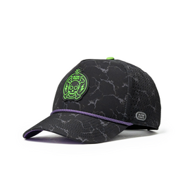 Alter Ego Coaster Splash Toxic Storm Halloween running hat with a black and gray storm pattern, neon green skull graphic, purple accent trim, and laser-cut side panels shown from a front angled view.