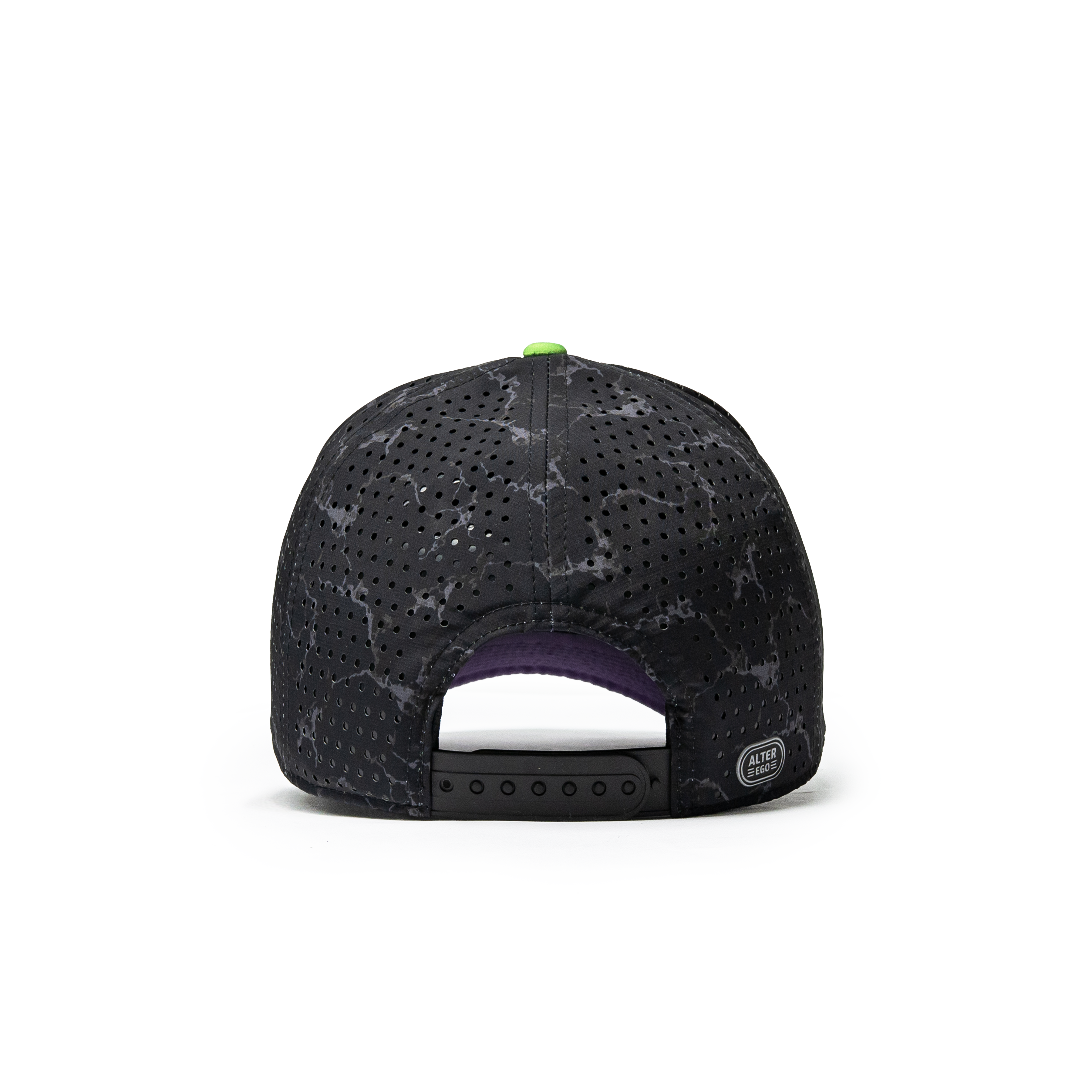 Alter Ego Coaster Splash Toxic Storm Halloween hat featuring a black marble-inspired pattern, breathable laser-cut panels, and an adjustable black snapback closure.