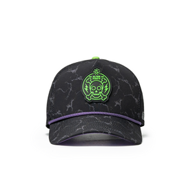 Alter Ego Coaster Splash Toxic Storm Halloween hat featuring a black marble-inspired pattern, neon green skull logo, purple accent trim, and a curved bill.