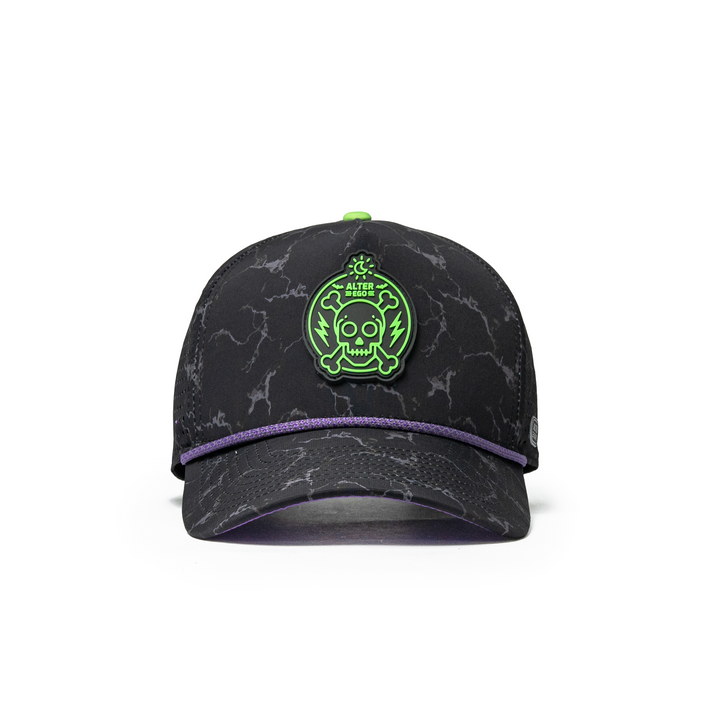 Alter Ego Coaster Splash Toxic Storm Halloween hat featuring a black marble-inspired pattern, neon green skull logo, purple accent trim, and a curved bill.