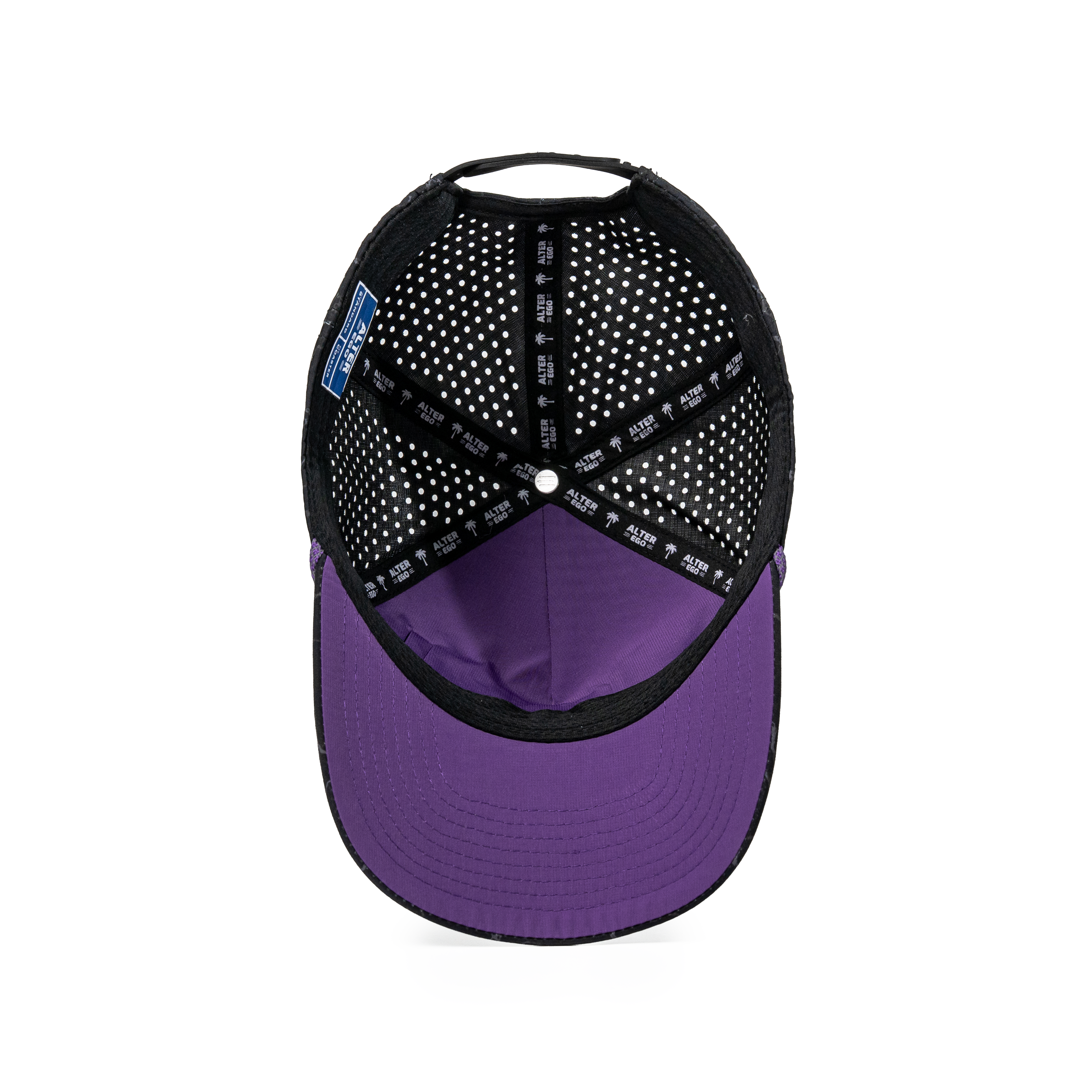 Alter Ego Coaster Splash Toxic Storm Halloween hat interior view with a black laser-cut crown and purple underside of the brim.