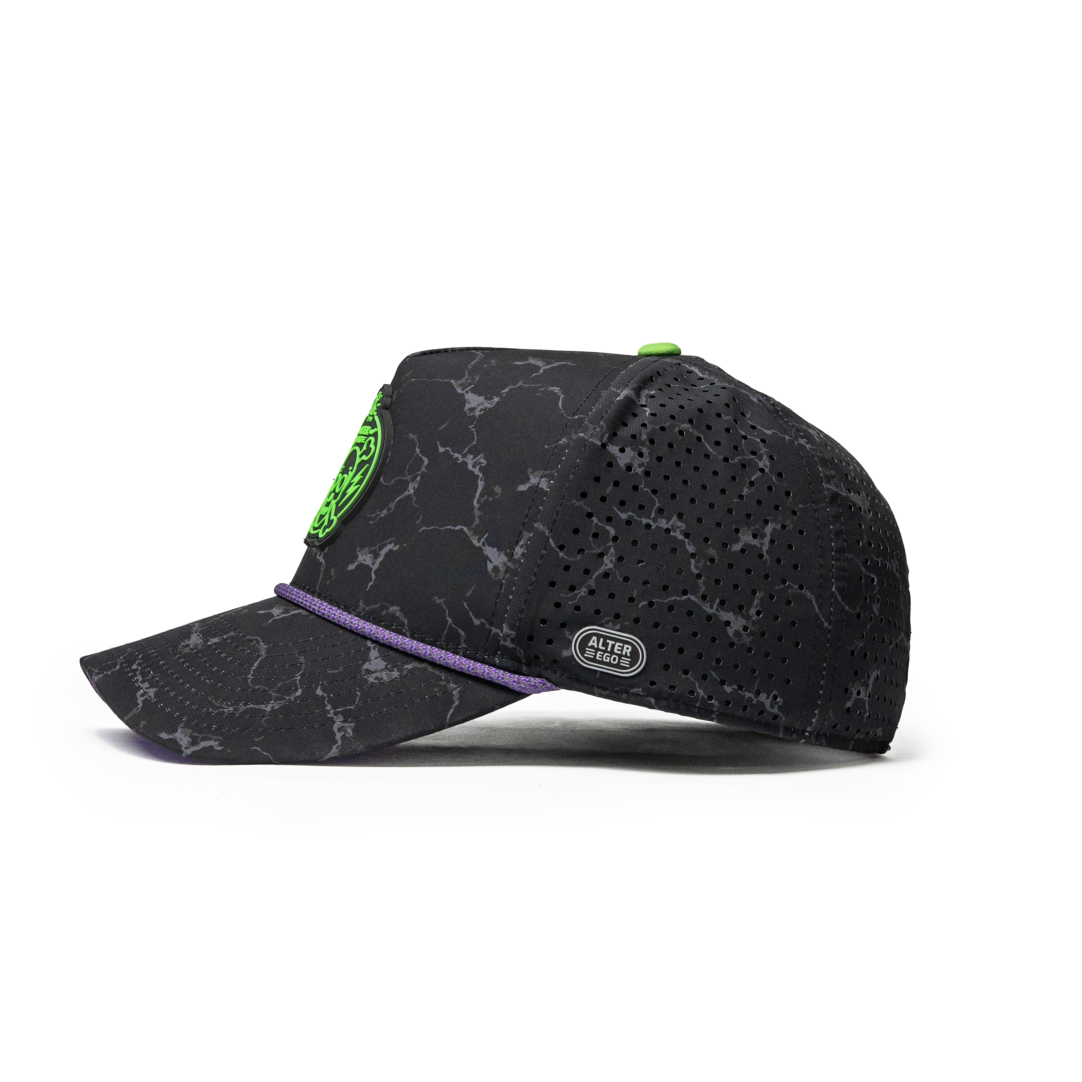 Alter Ego Coaster Splash Toxic Storm Halloween hat featuring a black marble-inspired pattern, neon green skull logo detail, purple accent trim, breathable laser-cut panels, reflective patch on the side, and a curved bill.