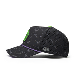 Alter Ego Coaster Splash Toxic Storm Halloween hat featuring a black marble-inspired pattern, neon green skull logo detail, purple accent trim, breathable laser-cut panels, reflective patch on the side, and a curved bill.