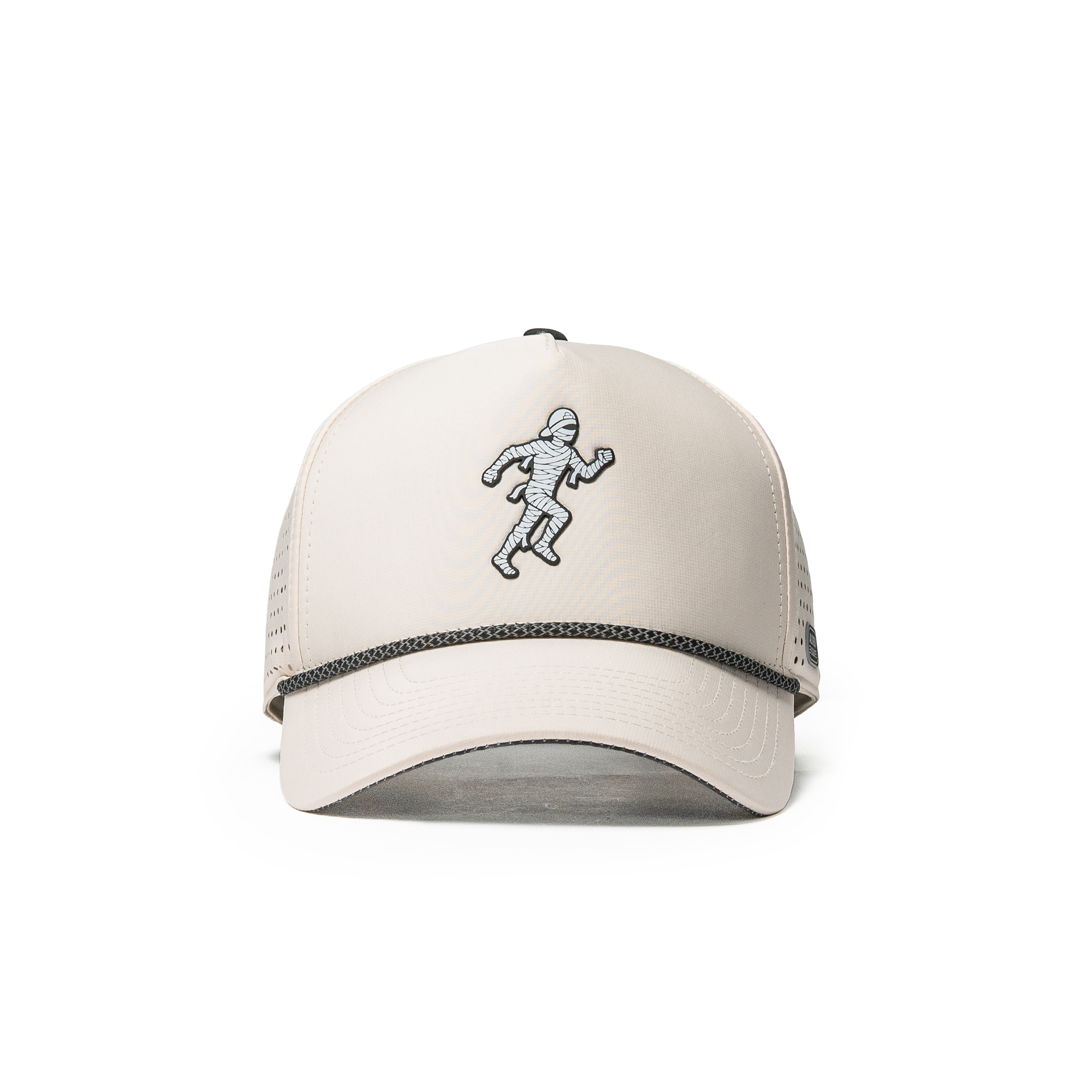 Alter Ego Coaster Splash Ivory Mummy hat in a front view, featuring an ivory crown, embroidered running mummy graphic, curved bill with contrasting black trim, and laser-cut ventilation along the side panels.