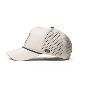 Alter Ego Coaster Splash Ivory Mummy hat in a side view, featuring an ivory crown, curved bill, embroidered running mummy graphic, laser-cut ventilation, and a reflective Alter Ego side badge.