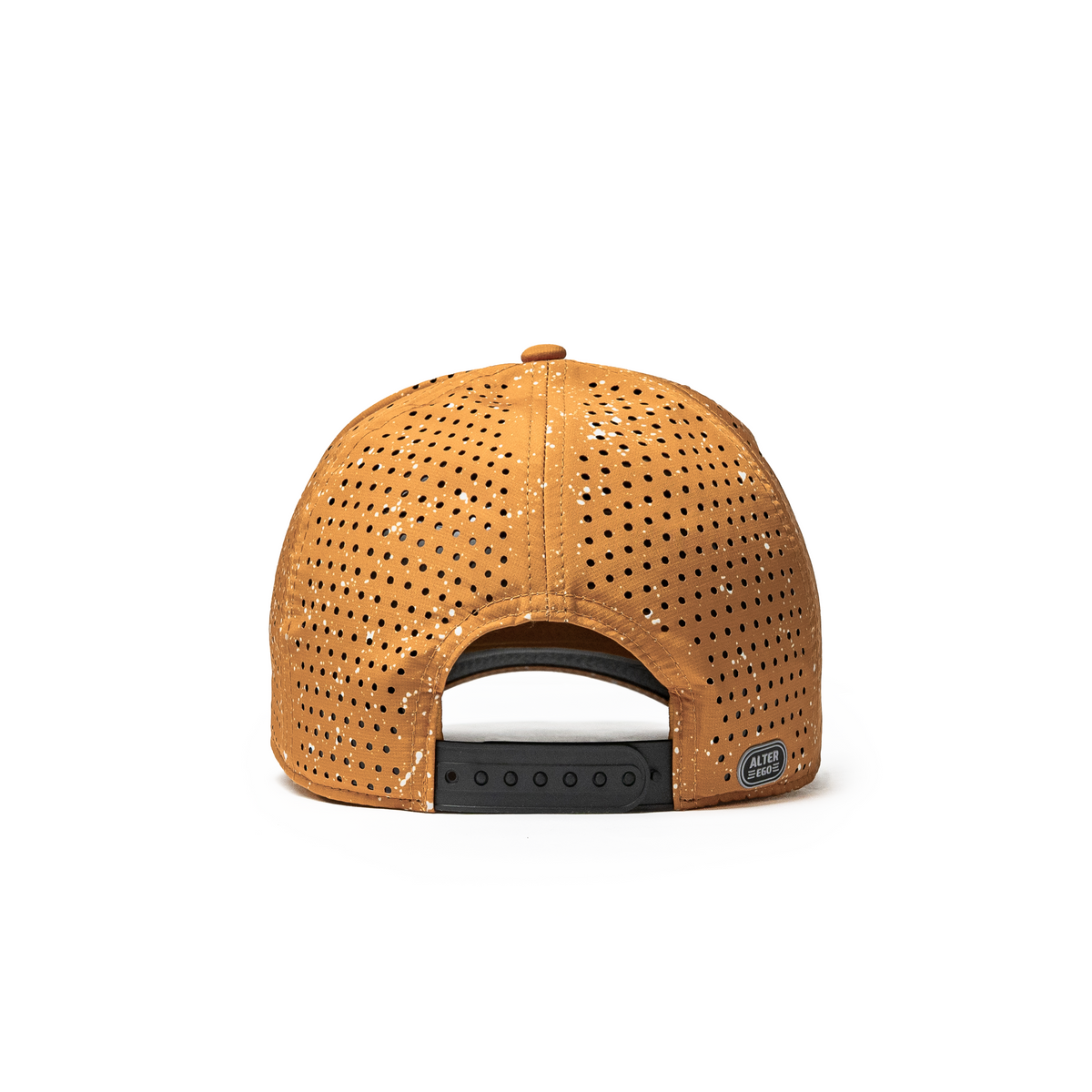 Alter Ego Coaster Splash Spiced Splatter Mummy hat in burnt orange with white splatter detailing, perforated panels, reflective Alter Ego logo patch, and adjustable back snap closure, shown from the back.