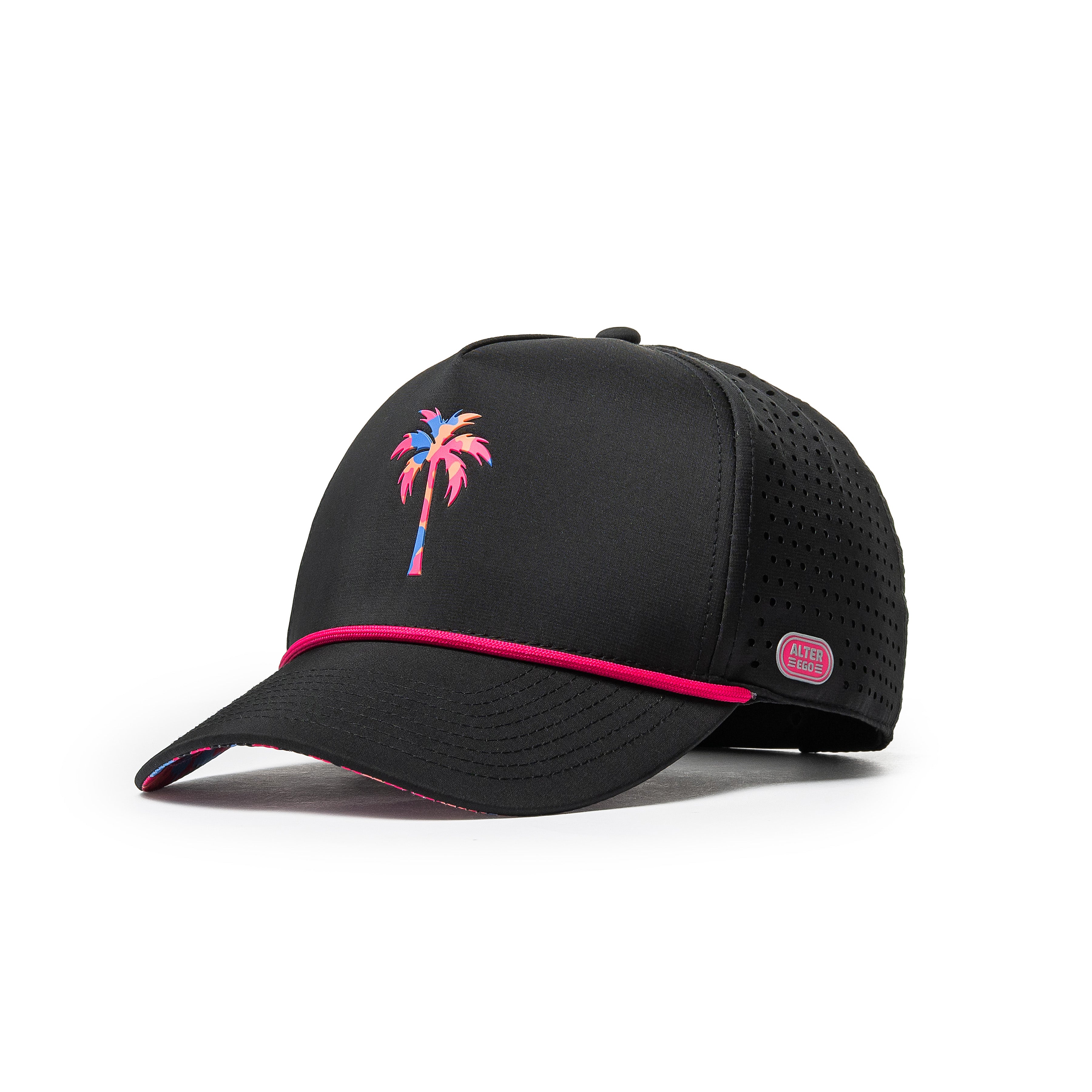 Alter Ego Coaster Splash Tropic Night Camo Palm black running hat with a colorful palm tree graphic, pink cord detail, laser-cut side panels, and reflective Alter Ego branding patch, shown from a front three-quarter view.
