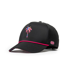 Alter Ego Coaster Splash Tropic Night Camo Palm black running hat with a colorful palm tree graphic, pink cord detail, laser-cut side panels, and reflective Alter Ego branding patch, shown from a front three-quarter view.