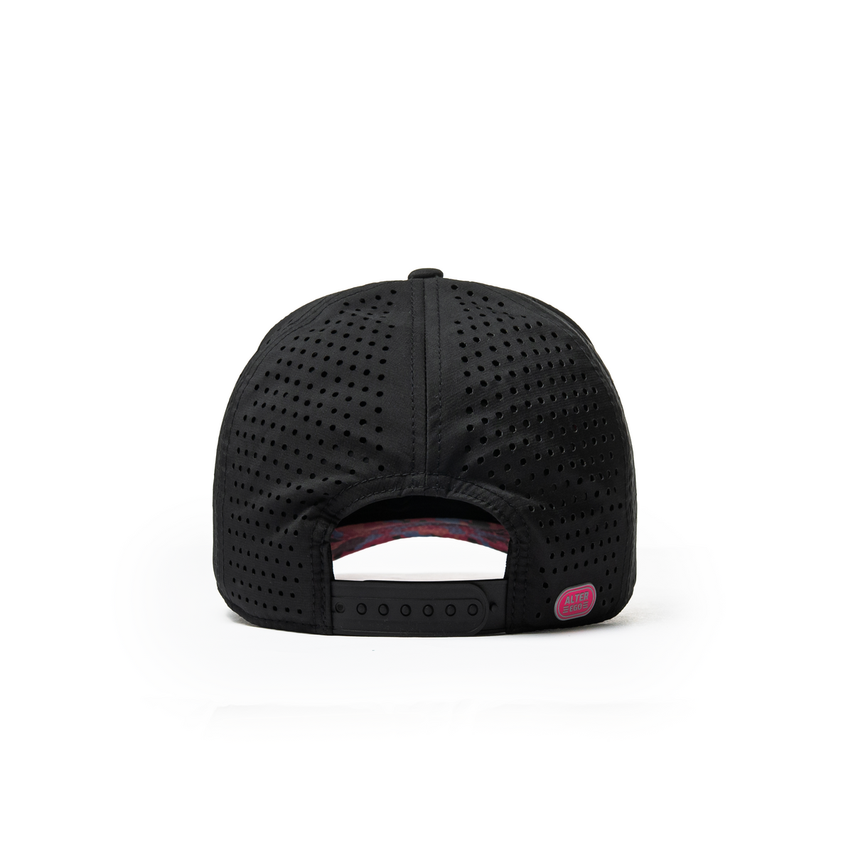 Alter Ego Coaster Splash Tropic Night Camo Palm black running hat with pink and blue camo under-bill, pink Alter Ego branding patch, laser-cut side and back panels, and adjustable back snap, shown from back view.