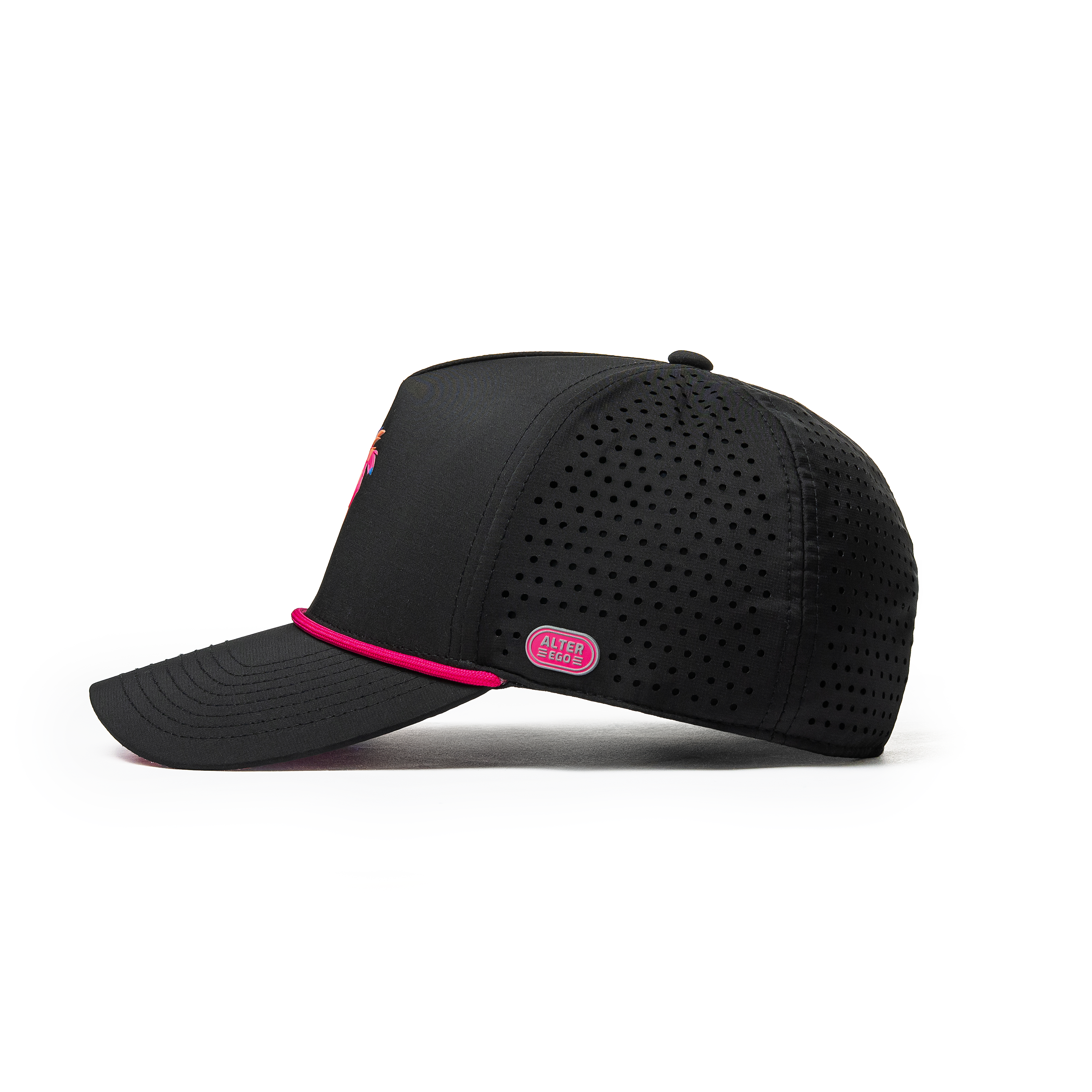 Alter Ego Coaster Splash Tropic Night Camo Palm black running hat with pink rope detail, pink Alter Ego reflective branding patch, and laser-cut side panels, shown from side view.