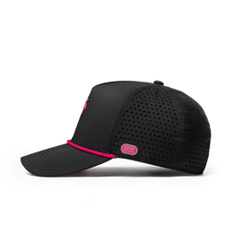 Alter Ego Coaster Splash Tropic Night Camo Palm black running hat with pink rope detail, pink Alter Ego reflective branding patch, and laser-cut side panels, shown from side view.