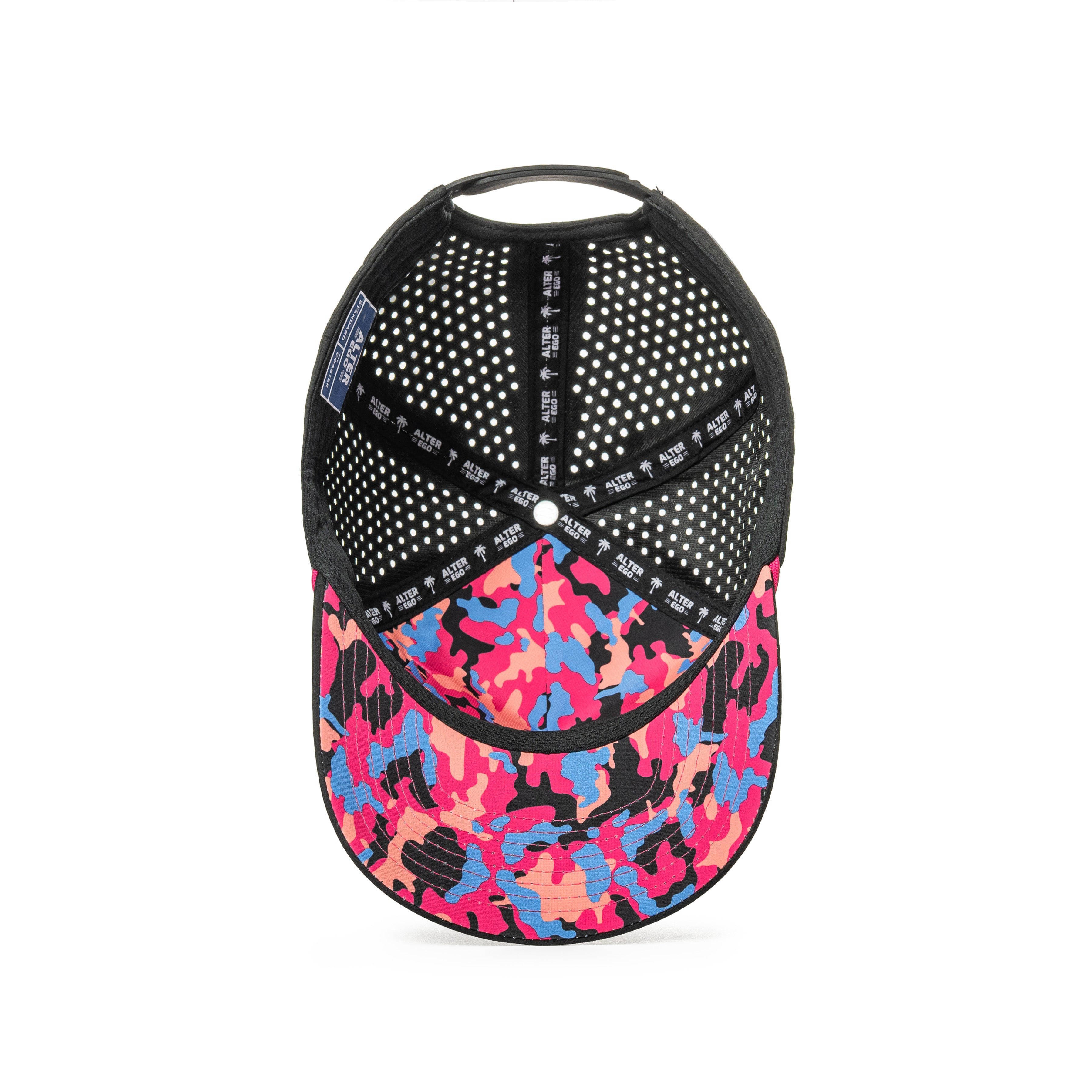 Alter Ego Coaster Splash Tropic Night Camo Palm black running hat with pink, blue, and peach camo under-bill, laser-cut side and back panels, and branded interior, shown from under-bill and interior view.