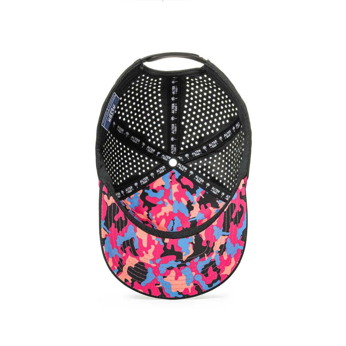 Alter Ego Coaster Splash Tropic Night Camo Palm black running hat with pink, blue, and peach camo under-bill, laser-cut side and back panels, and branded interior, shown from under-bill and interior view.
