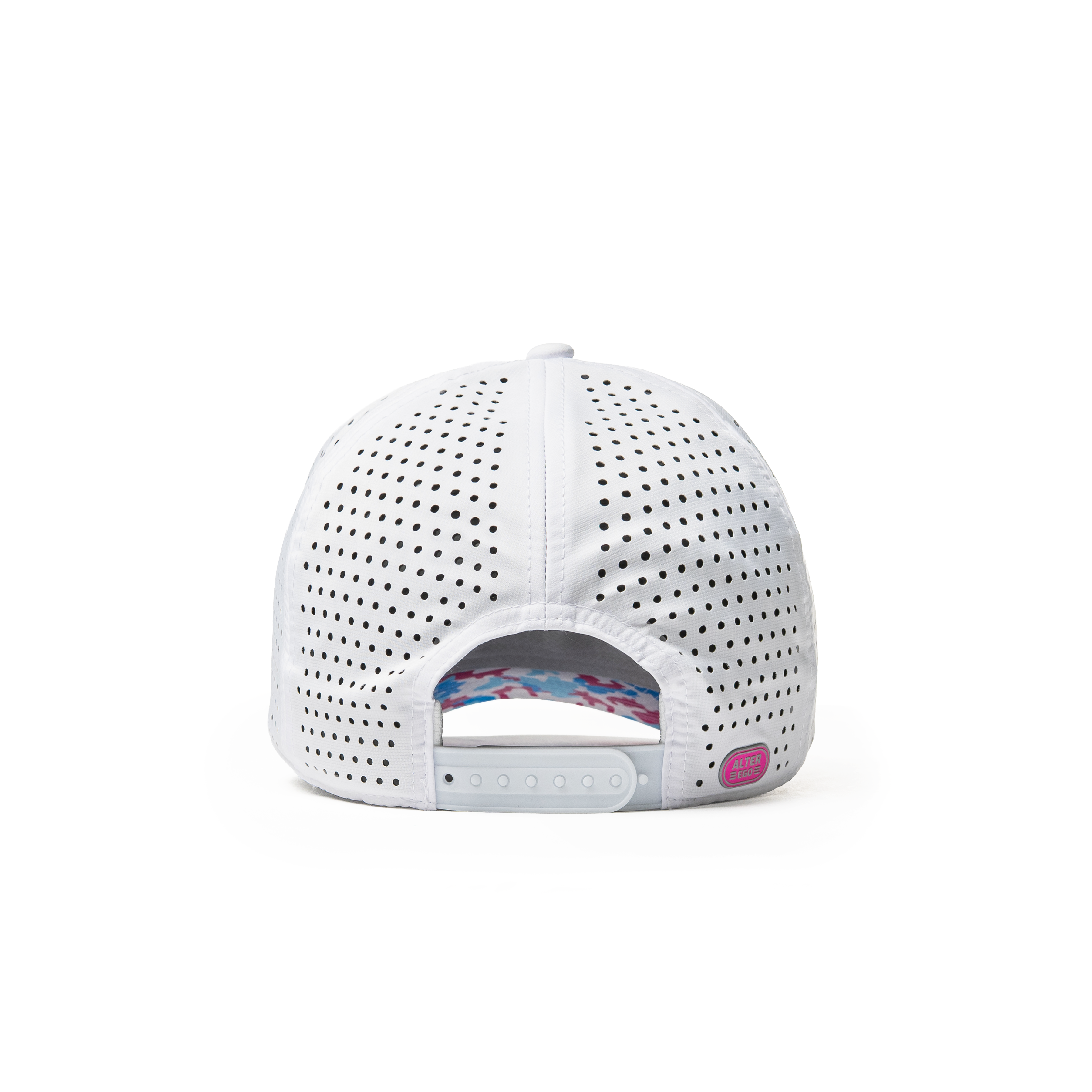 Alter Ego Coaster Splash Key West Camo Palm white running hat with pink and blue camo under-bill, pink Alter Ego branding patch, laser-cut side and back panels, and adjustable back snap, shown from back view.