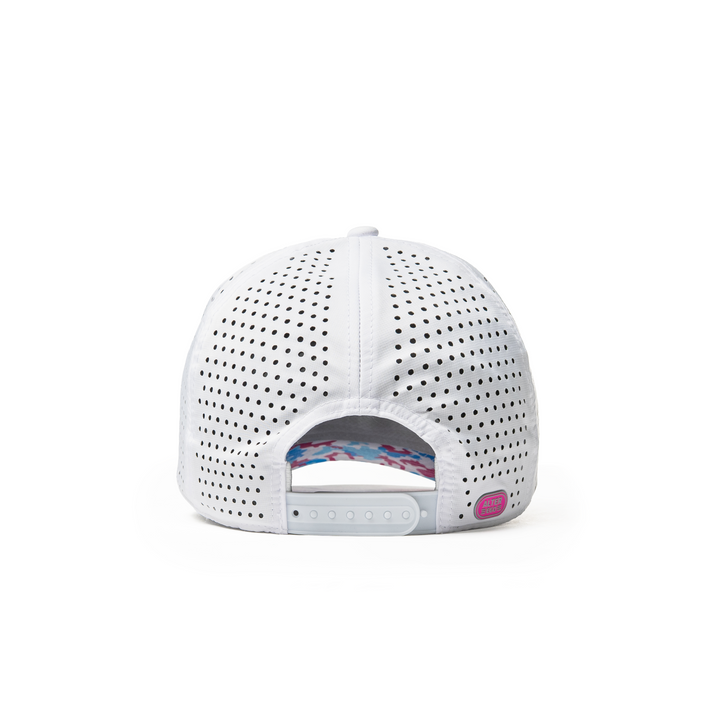 Alter Ego Coaster Splash Key West Camo Palm white running hat with pink and blue camo under-bill, pink Alter Ego branding patch, laser-cut side and back panels, and adjustable back snap, shown from back view.