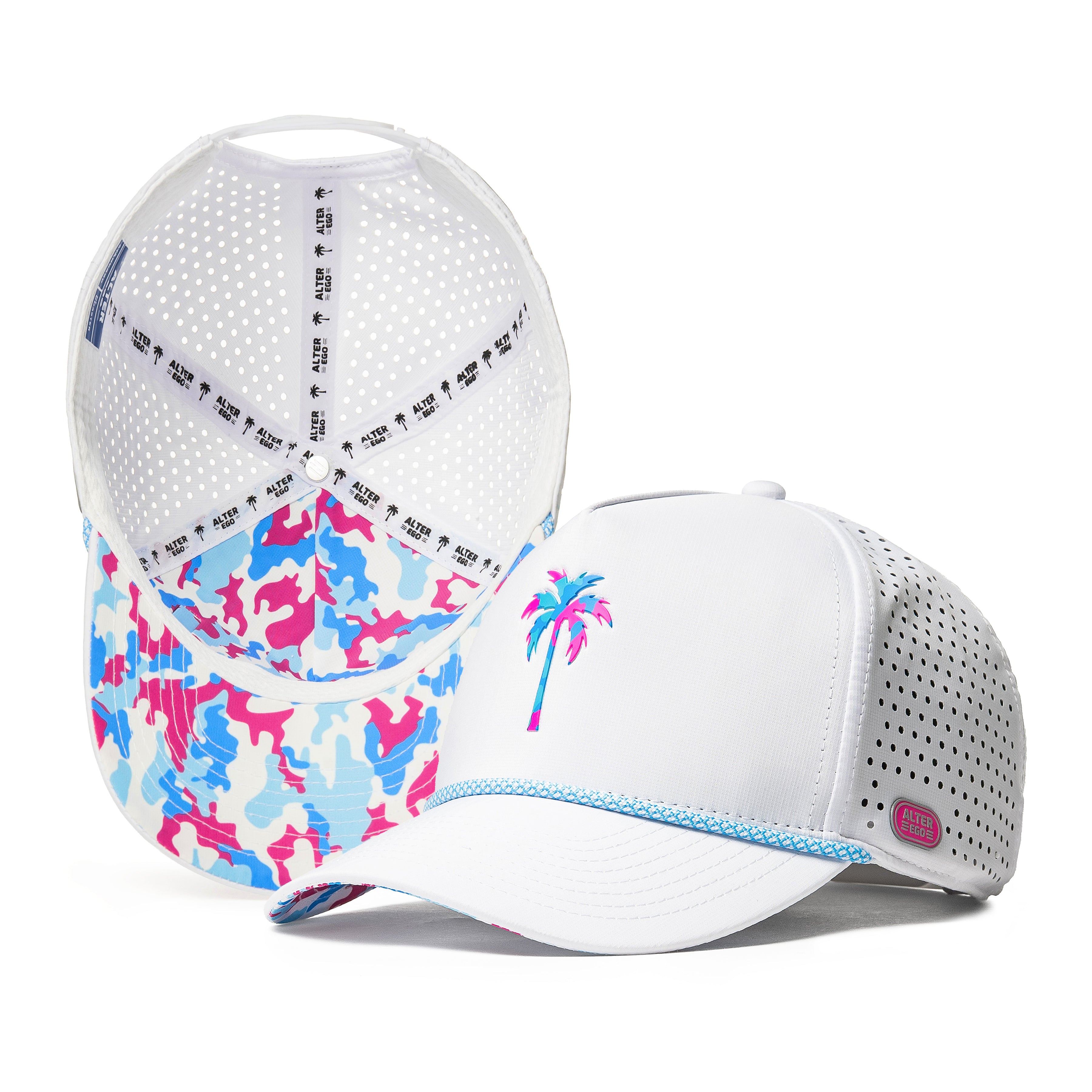 Alter Ego Coaster Splash Key West Camo Palm white running hat with laser-cut side panels, pink, blue, and white camo under-bill, and multicolor palm graphic, shown from front and interior views.