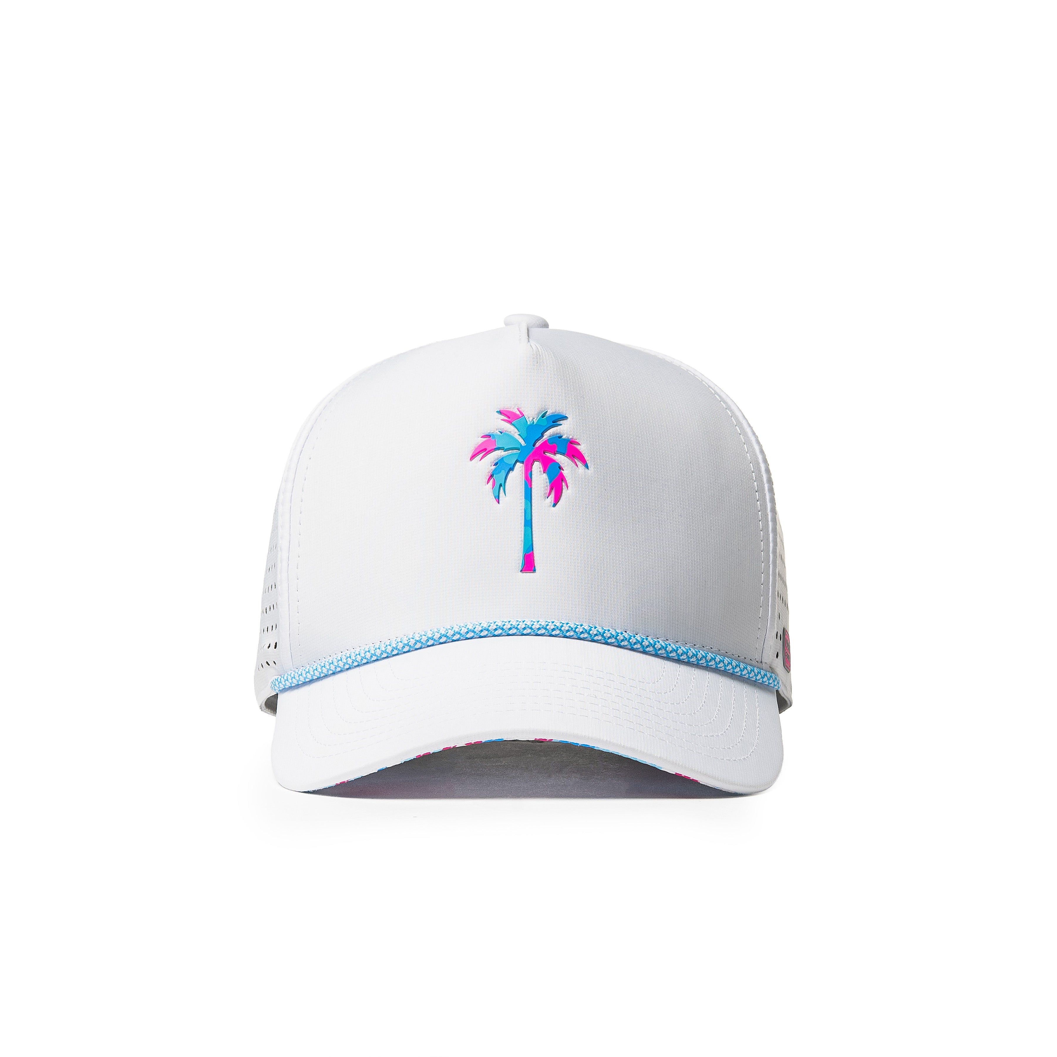 Alter Ego Coaster Splash Key West Camo Palm white running hat with pink and blue palm graphic, blue rope detail, and laser-cut side panels, shown from front view.
