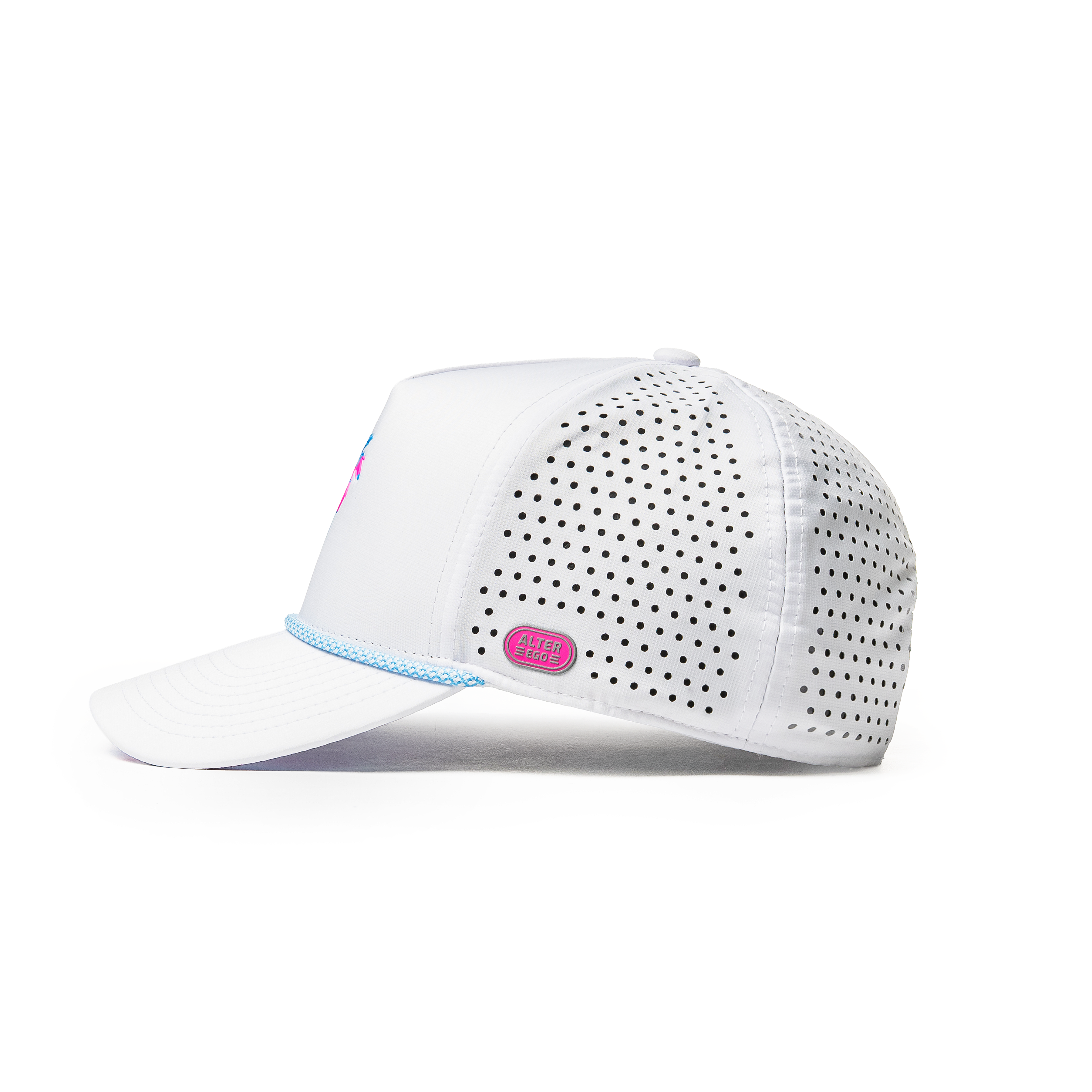 Alter Ego Coaster Splash Key West Camo Palm white running hat with laser-cut side panels, pink and blue palm graphic, and pink reflective Alter Ego branding patch, shown from side view.