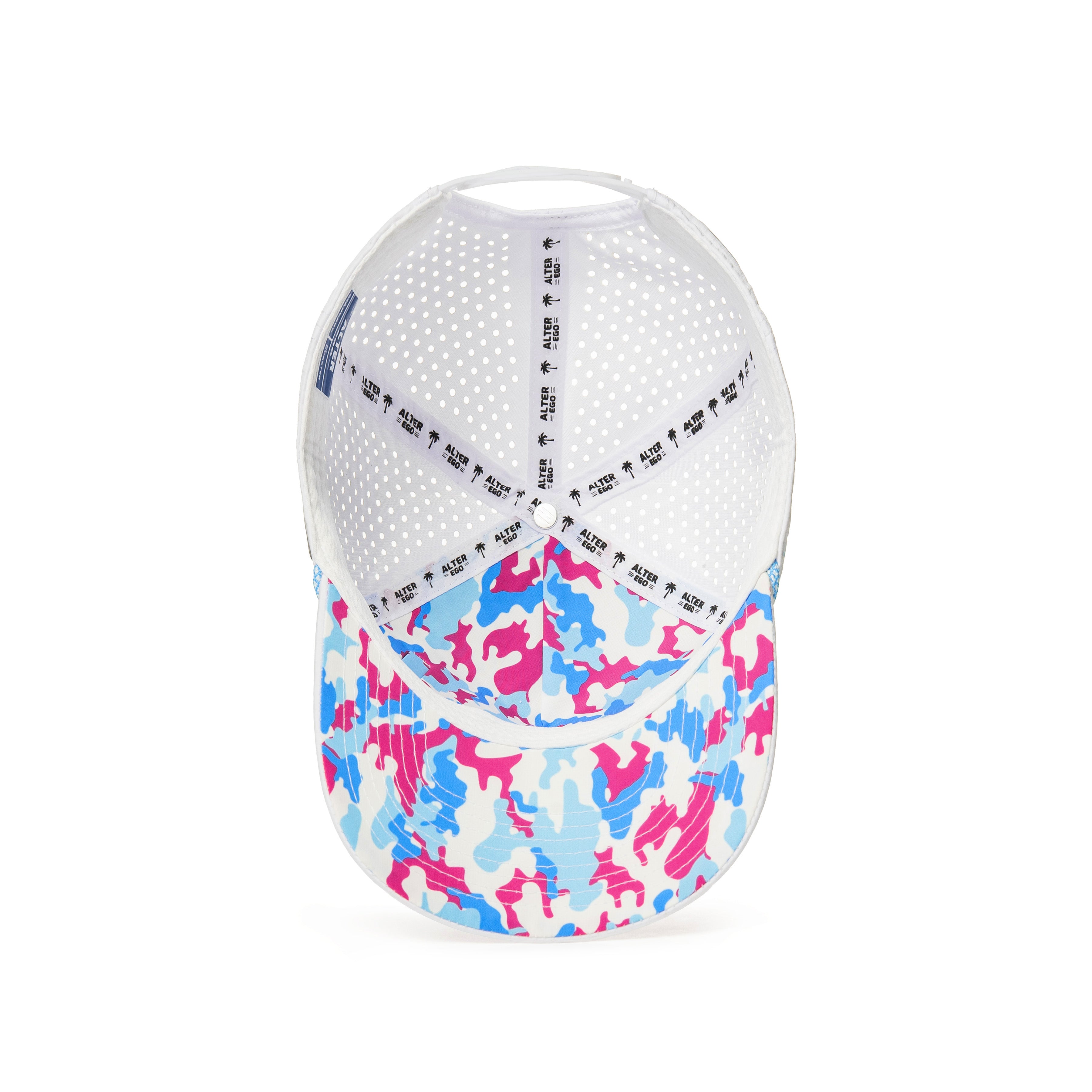 Alter Ego Coaster Splash Key West Camo Palm white running hat with pink and blue camo under-bill, laser-cut panels, and Alter Ego branded interior, shown from under-bill and interior views.
