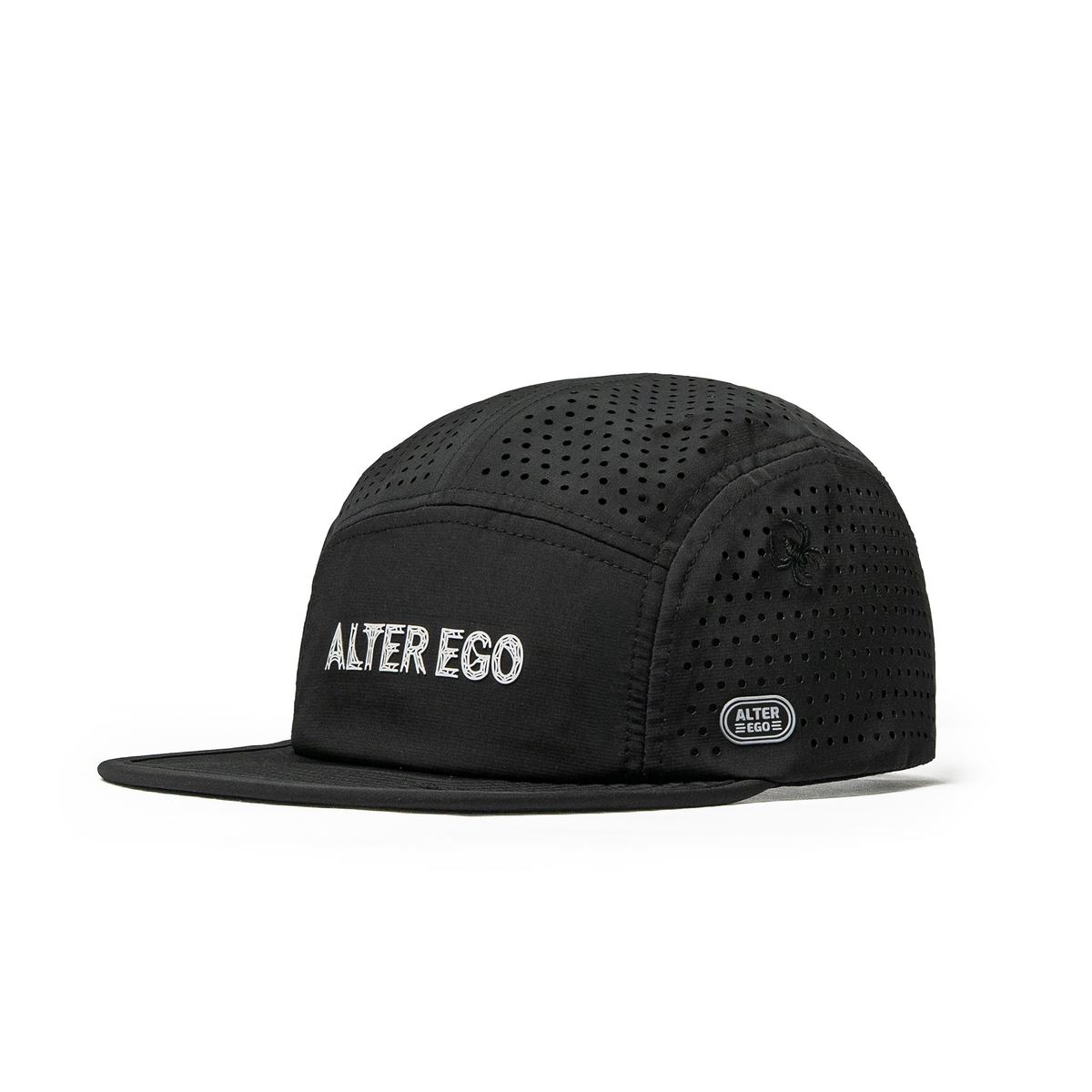 Alter Ego Cruiser Splash Night Crawler black running hat with perforated panels, spider graphic, reflective Alter Ego branding patch, and flat bill, shown from the side view.