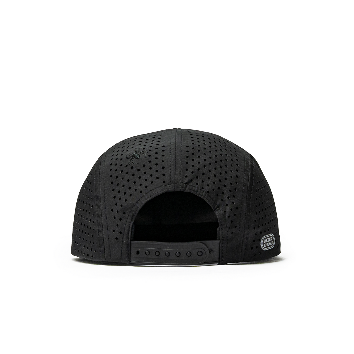 Alter Ego Cruiser Splash Night Crawler black running hat with perforated panels, spider graphic, reflective Alter Ego branding patch, and adjustable back snap, shown from the back view.