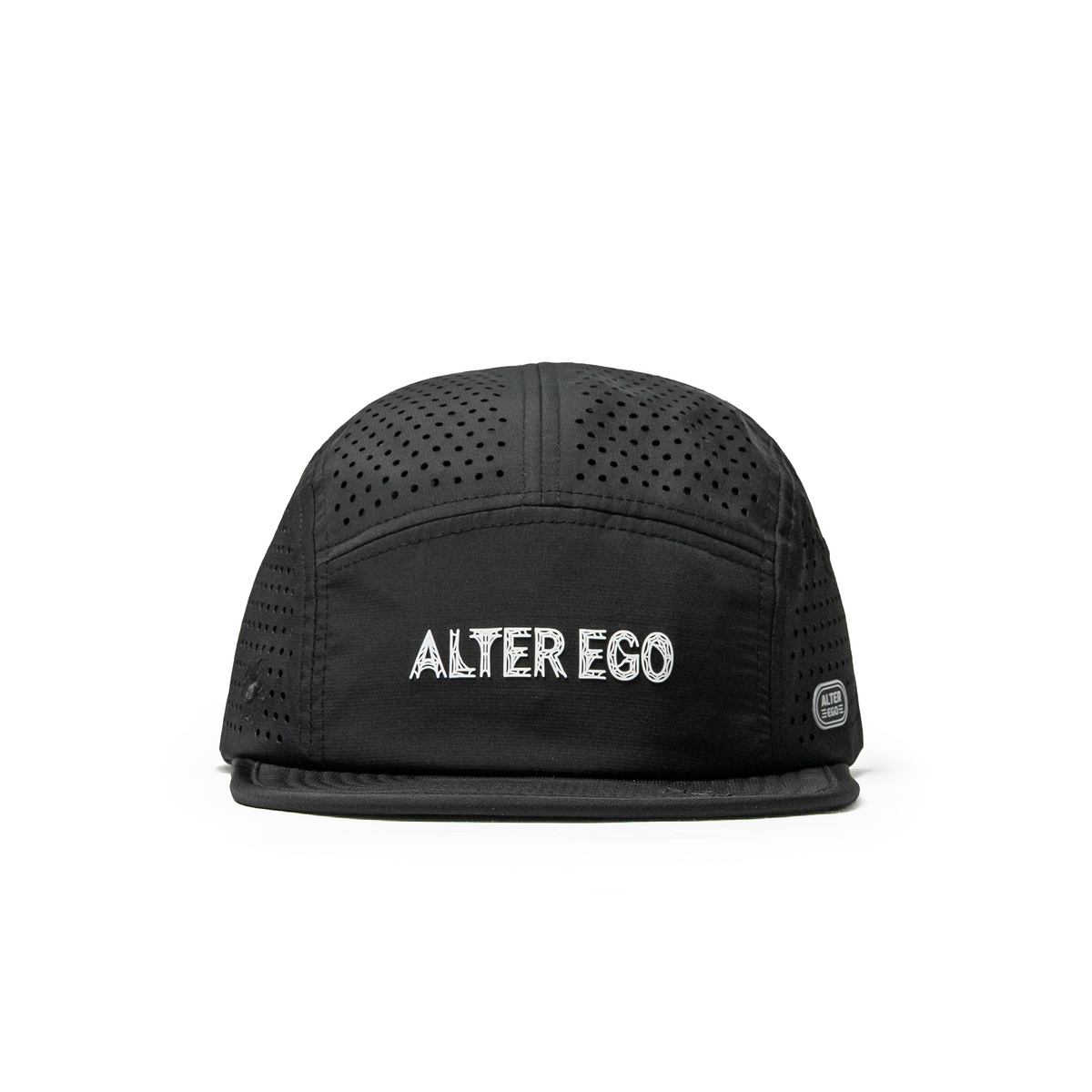Alter Ego Cruiser Splash Night Crawler black running hat with a flat brim, perforated panels, embroidered Alter Ego branding, and reflective Alter Ego branding patch, shown from the front view.