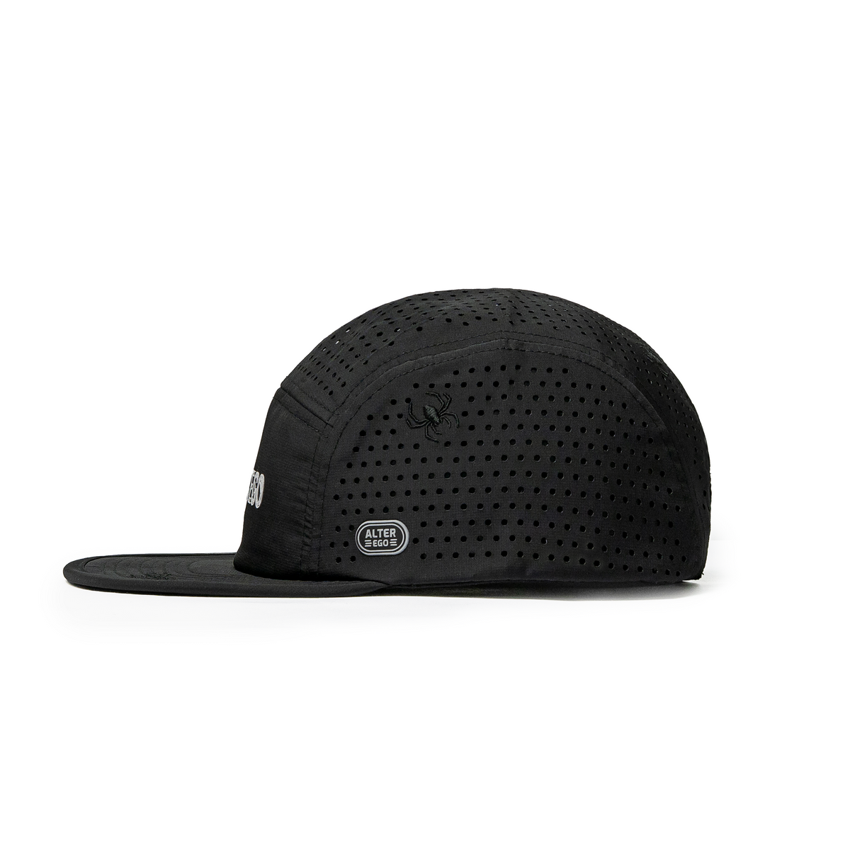 Alter Ego Cruiser Splash Night Crawler black running hat with flat brim, perforated side panels, spider graphic, and reflective Alter Ego branding patch, shown from a side view.