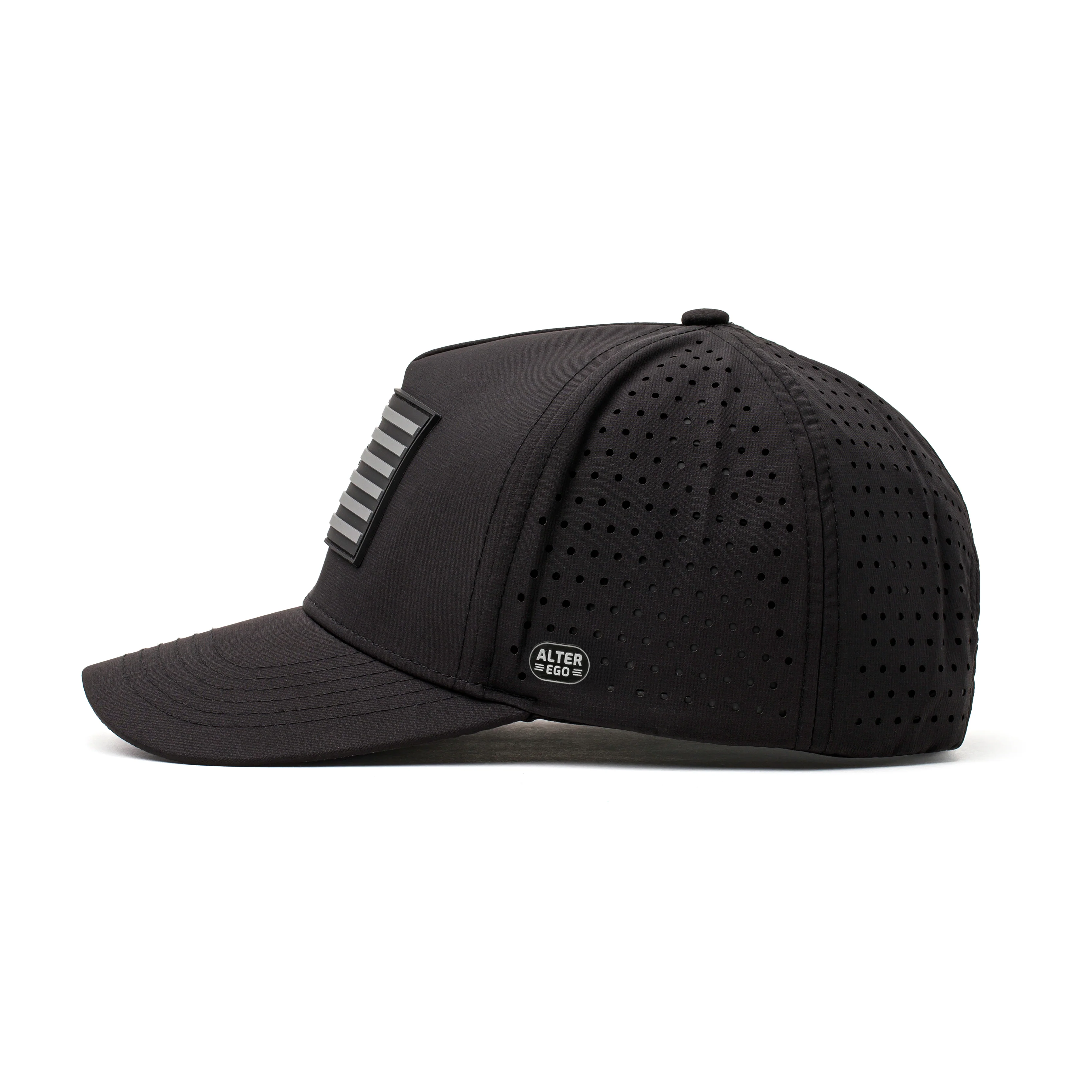 Side view of a black Alter Ego Running perforated cap with American flag patch, curved brim, and lightweight construction.
