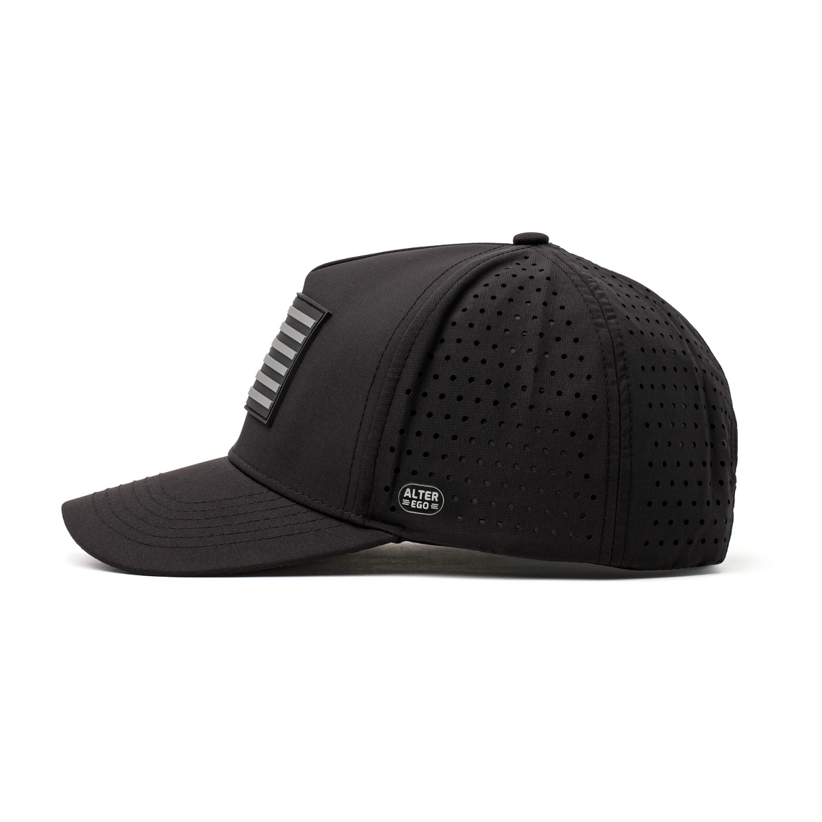 Side view of a black Alter Ego Running perforated cap with American flag patch, curved brim, and lightweight construction.