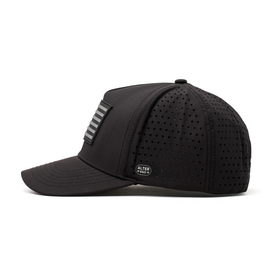Side view of a black Alter Ego Running perforated cap with American flag patch, curved brim, and lightweight construction.