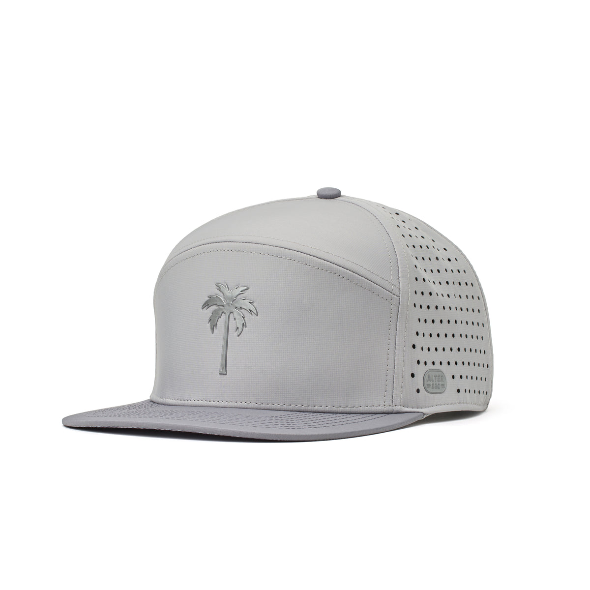 Alter Ego Drifter Splash Royal Chrome hat in a side view, featuring a chrome gray crown, flat bill, metallic palm tree logo, laser-cut ventilation, and a reflective Alter Ego side badge.