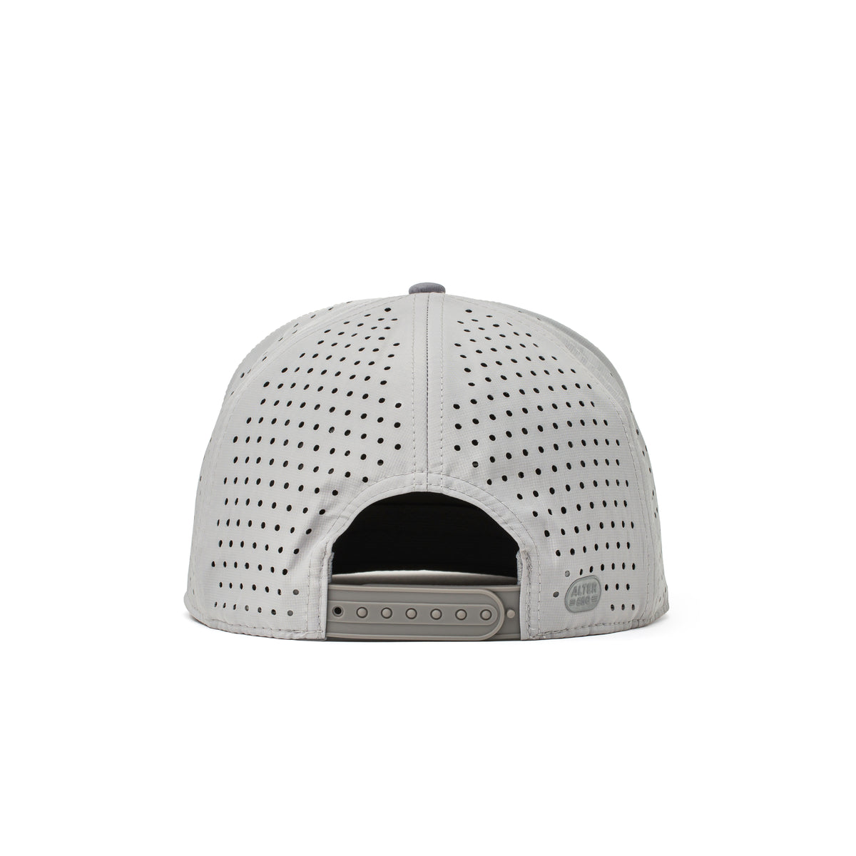 Alter Ego Drifter Splash Royal Chrome hat in a light chrome gray, shown from the back with laser-cut panels, an adjustable snapback closure, and a reflective Alter Ego side badge.