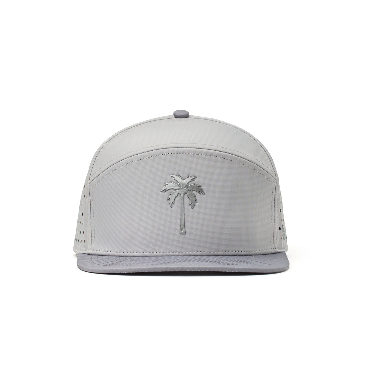 Alter Ego Drifter Splash Royal Chrome hat in a light chrome gray, shown from the front with a flat bill and reflective palm tree logo on the crown.
