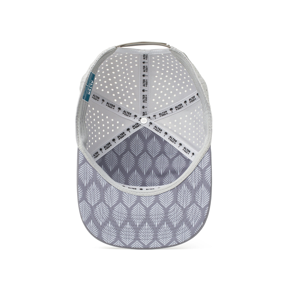 Alter Ego Drifter Splash Royal Chrome hat shown from underneath, featuring a gray palm leaf pattern on the underbill and interior laser-cut panels.