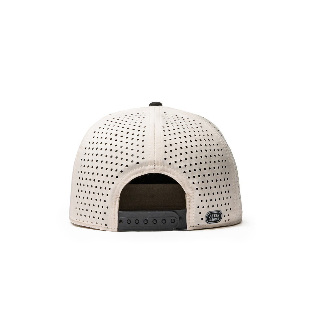 Back view of the Drifter Splash Ivory Mummy hat featuring ivory laser-cut panels, an adjustable snapback closure, and Alter Ego side logo.