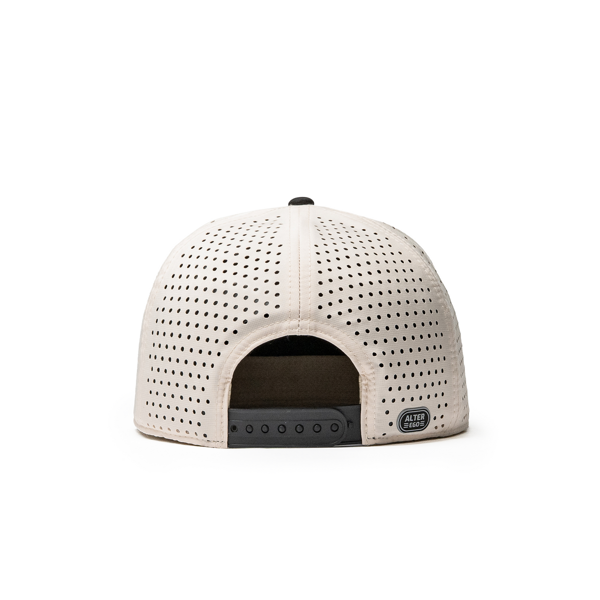 Back view of the Drifter Splash Ivory Mummy hat featuring ivory laser-cut panels, an adjustable snapback closure, and Alter Ego side logo.