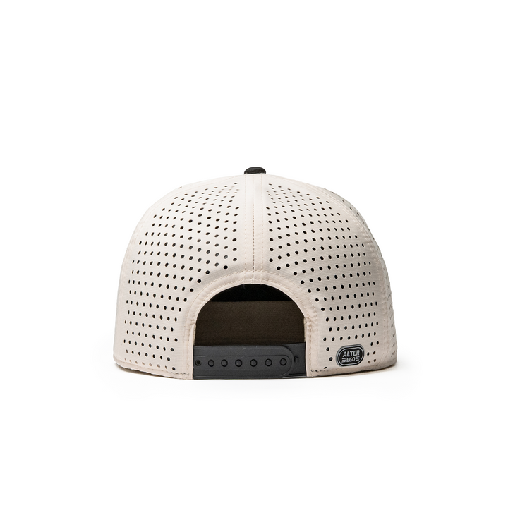 Back view of the Drifter Splash Ivory Mummy hat featuring ivory laser-cut panels, an adjustable snapback closure, and Alter Ego side logo.