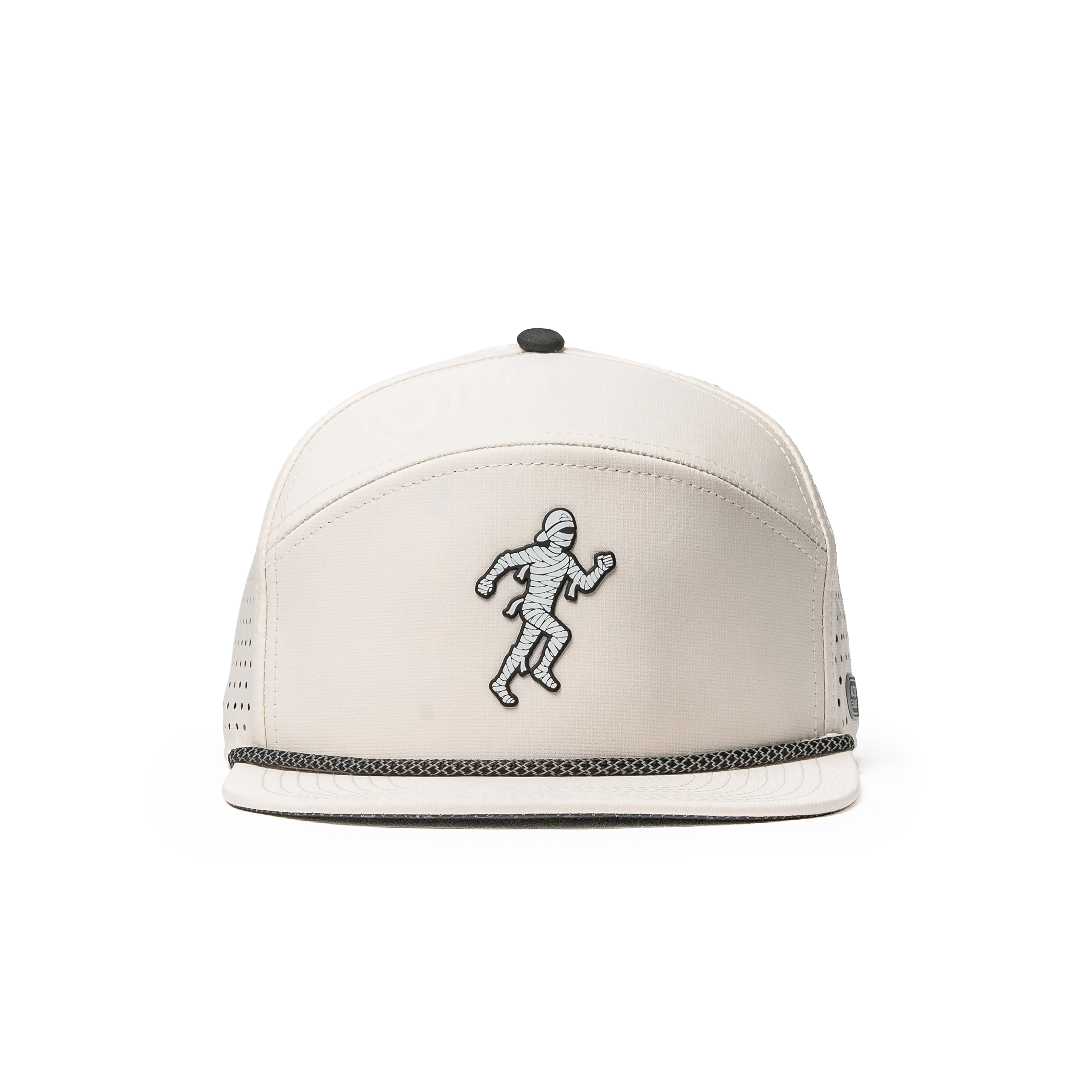 Front view of the Drifter Splash Ivory Mummy hat featuring a flat bill, ivory crown, black patterned rope detail, and embroidered mummy design.