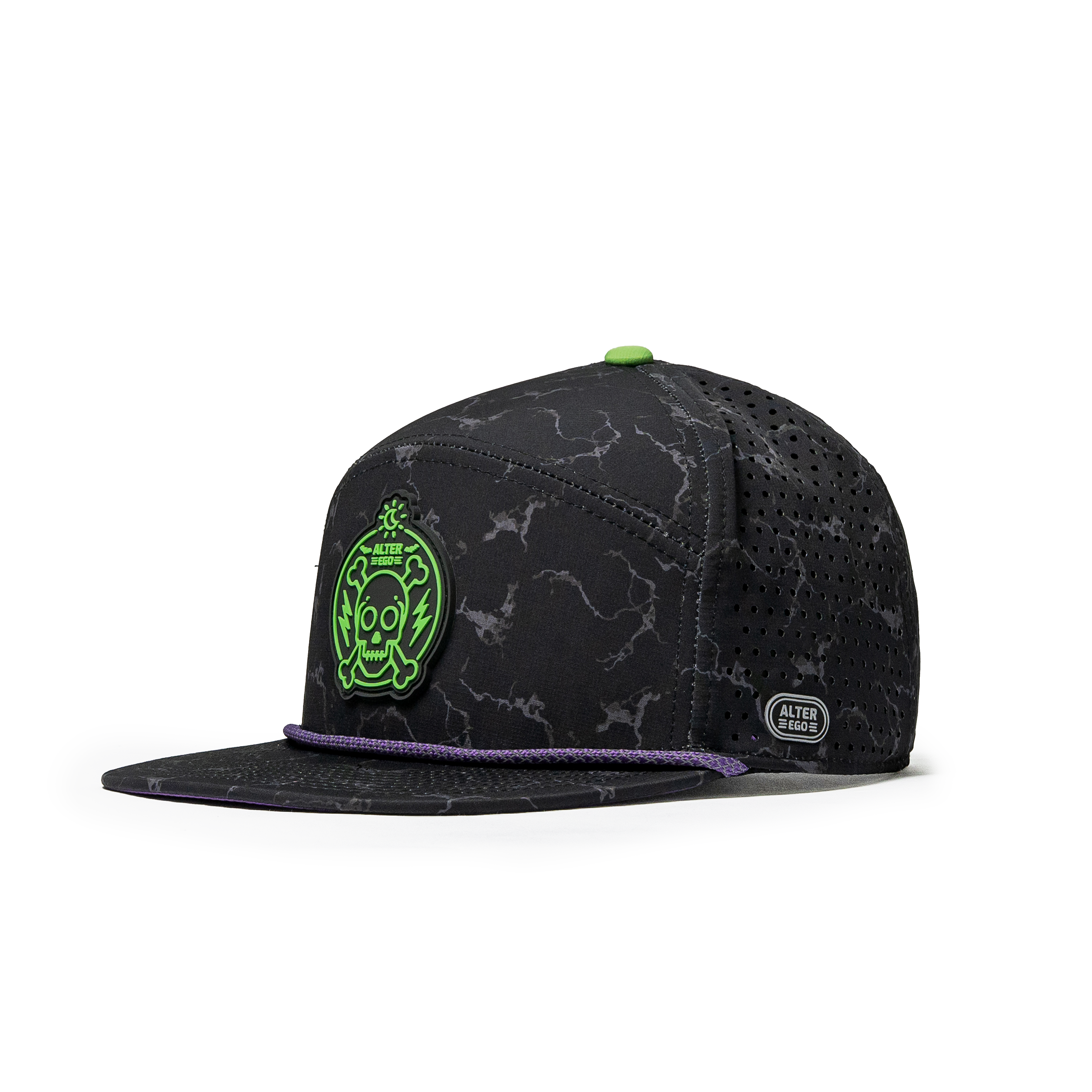 Drifter Splash Toxic Storm performance hat side view featuring a black lightning-patterned crown, neon green skull patch, purple accent rope, and laser-cut side ventilation.