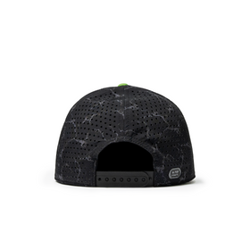 Drifter Splash Toxic Storm performance hat back view featuring black lightning-patterned fabric, laser-cut ventilation, an adjustable snapback closure, and Alter Ego reflective patch.