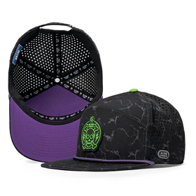 Top and front views of the Drifter Splash Toxic Storm performance hat featuring a black lightning pattern, flat bill with a purple underside, neon green skull graphic, breathable laser-cut panels, and branded interior lining.