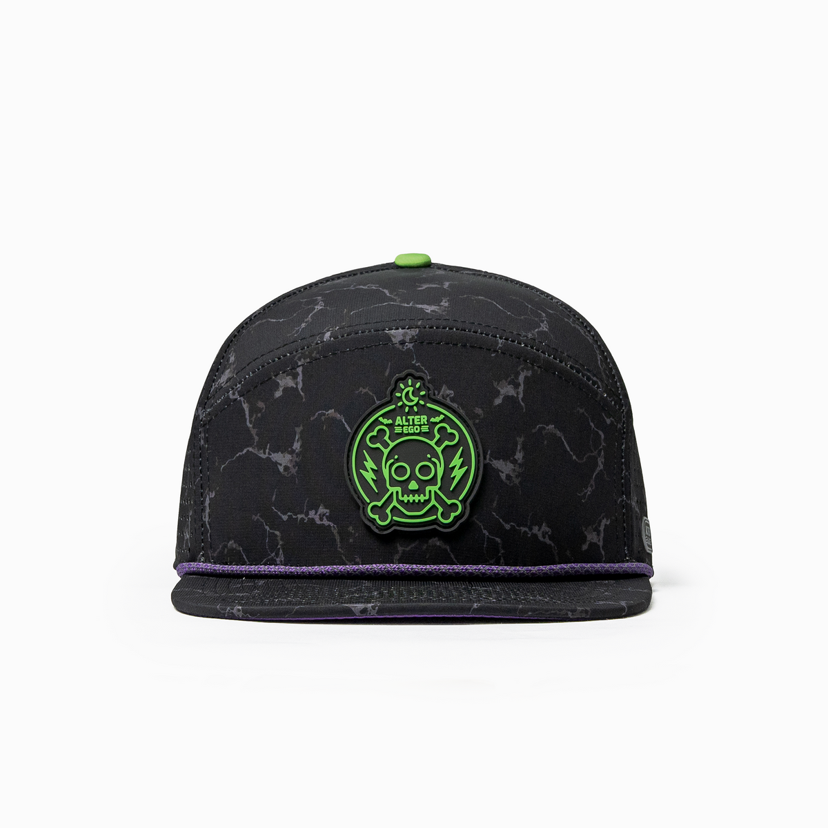 Front view of the Drifter Splash Toxic Storm performance hat featuring a black lightning pattern, flat bill, purple accent rope, and neon green skull graphic.
