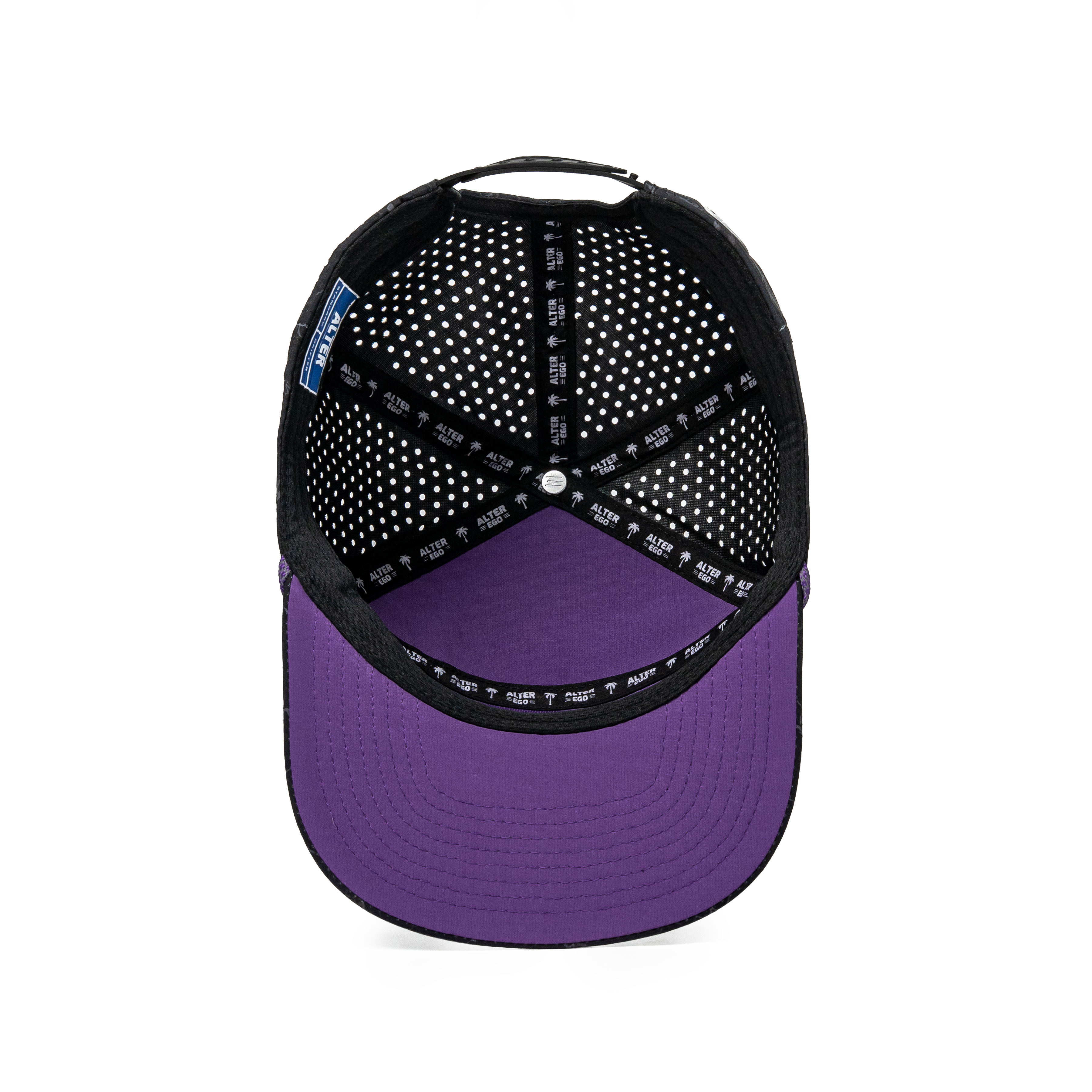 Inside view of the Drifter Splash Toxic Storm performance hat showing the black branded interior lining and purple underside of the flat bill.