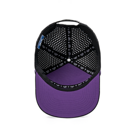 Inside view of the Drifter Splash Toxic Storm performance hat showing the black branded interior lining and purple underside of the flat bill.