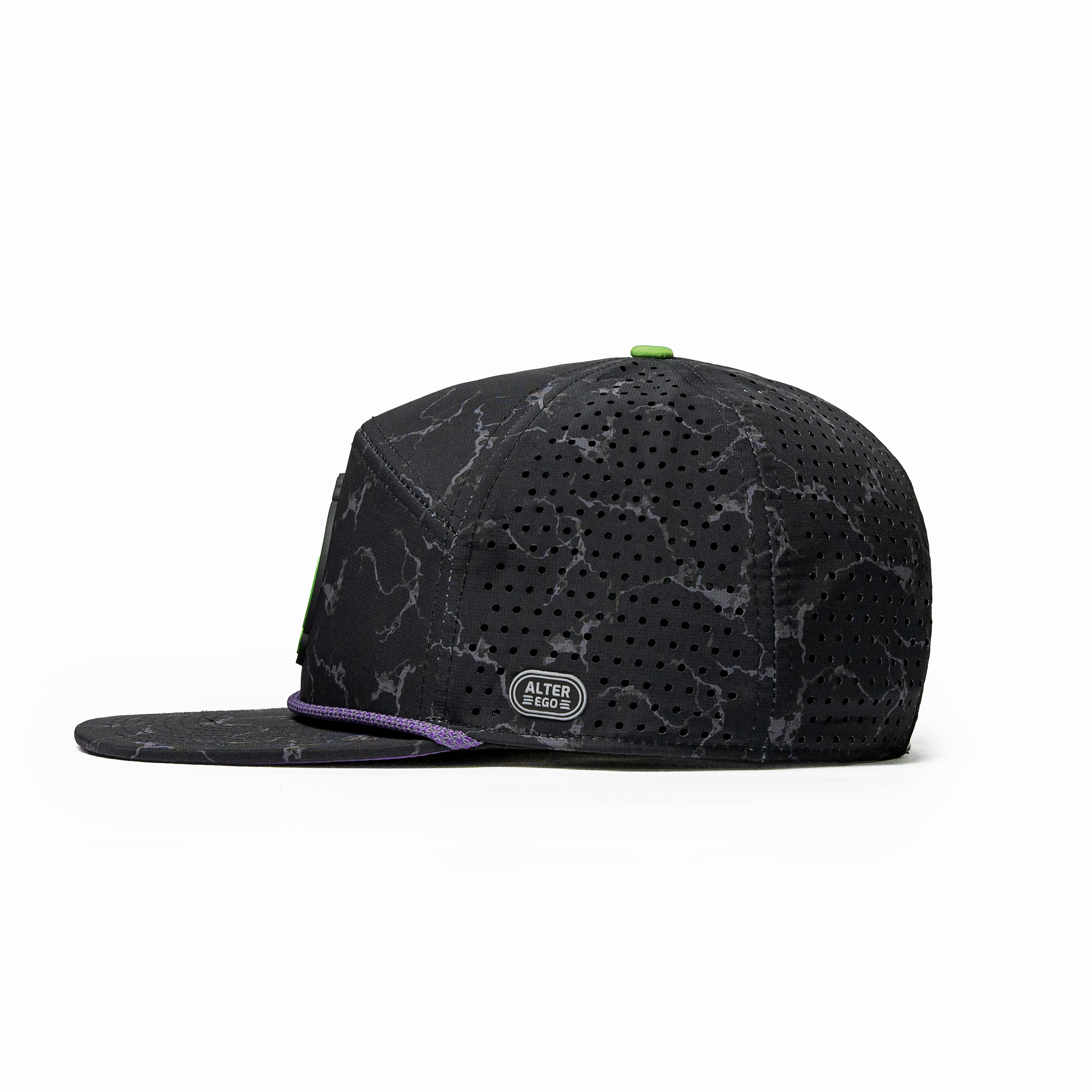 Side view of the Drifter Splash Toxic Storm performance hat featuring a black lightning pattern, flat bill, purple accent rope, and laser-cut side panels.