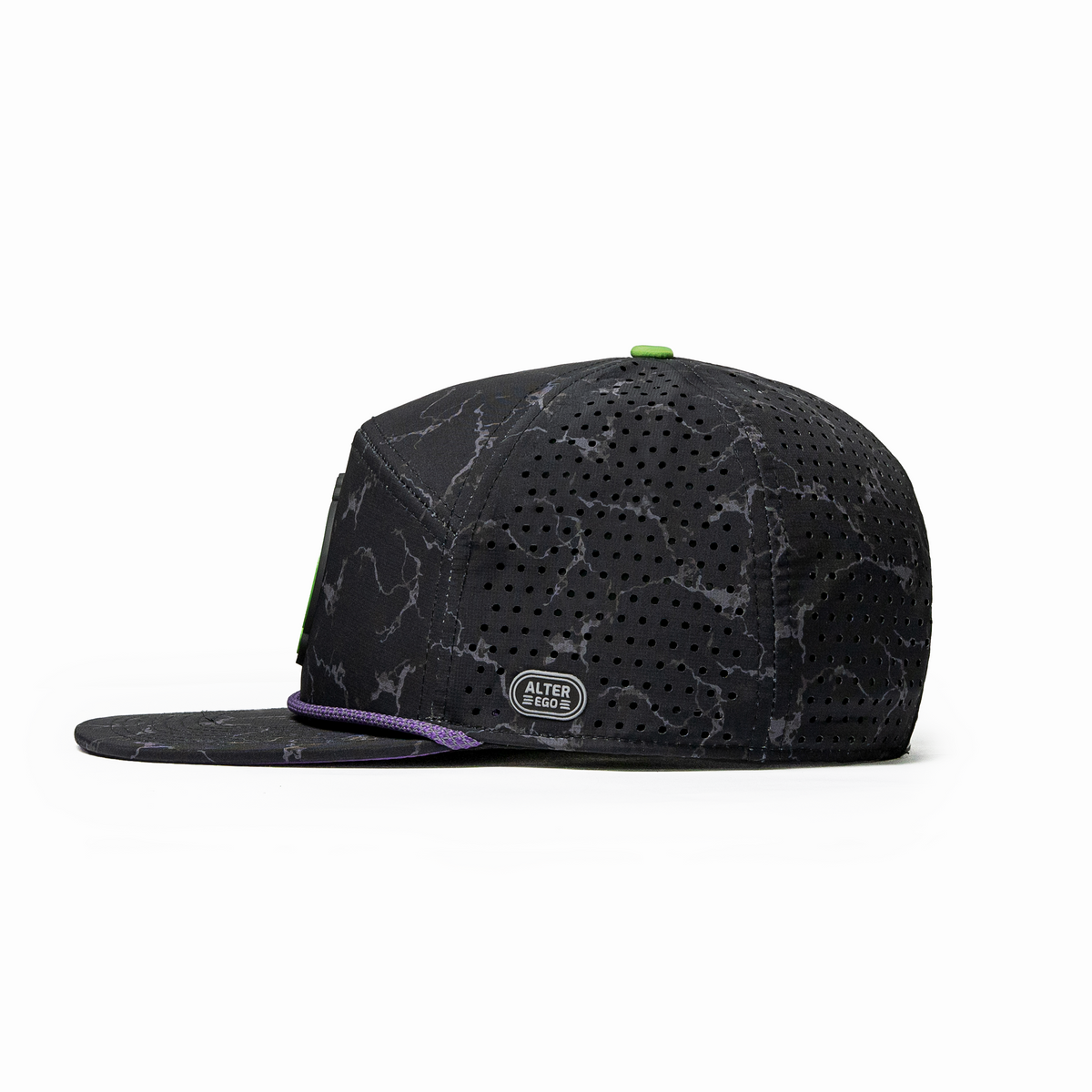 Side view of the Drifter Splash Toxic Storm performance hat featuring a black lightning pattern, flat bill, purple accent rope, and laser-cut side panels.