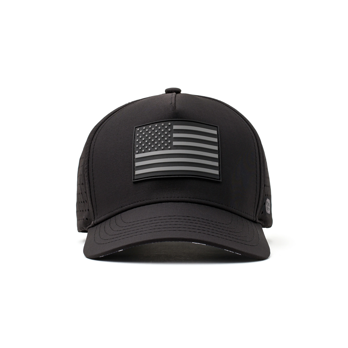 Front view of a black Alter Ego Running performance cap with tonal American flag patch and perforated panels for breathability.