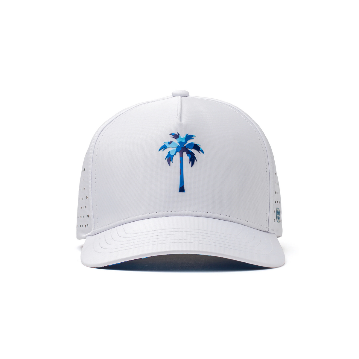 Front view of a white Alter Ego Running performance hat featuring a blue palm tree logo, perforated side panels, and a curved brim.